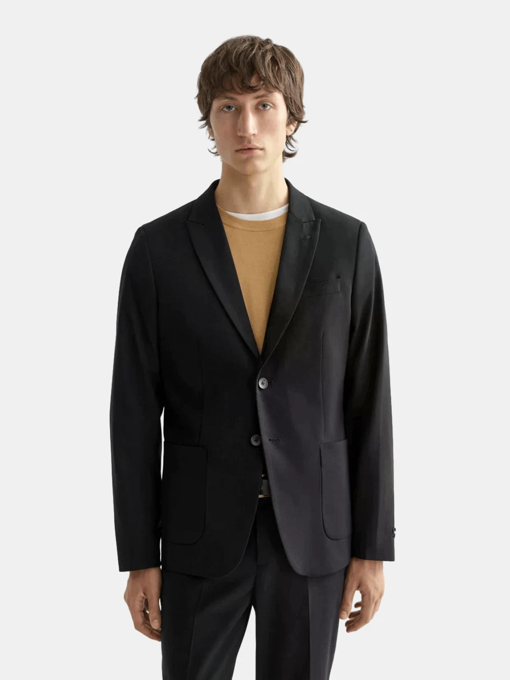 core-unconstructed-peak-lapel-cool-wool-blazer-black front view by Scotch & Soda
