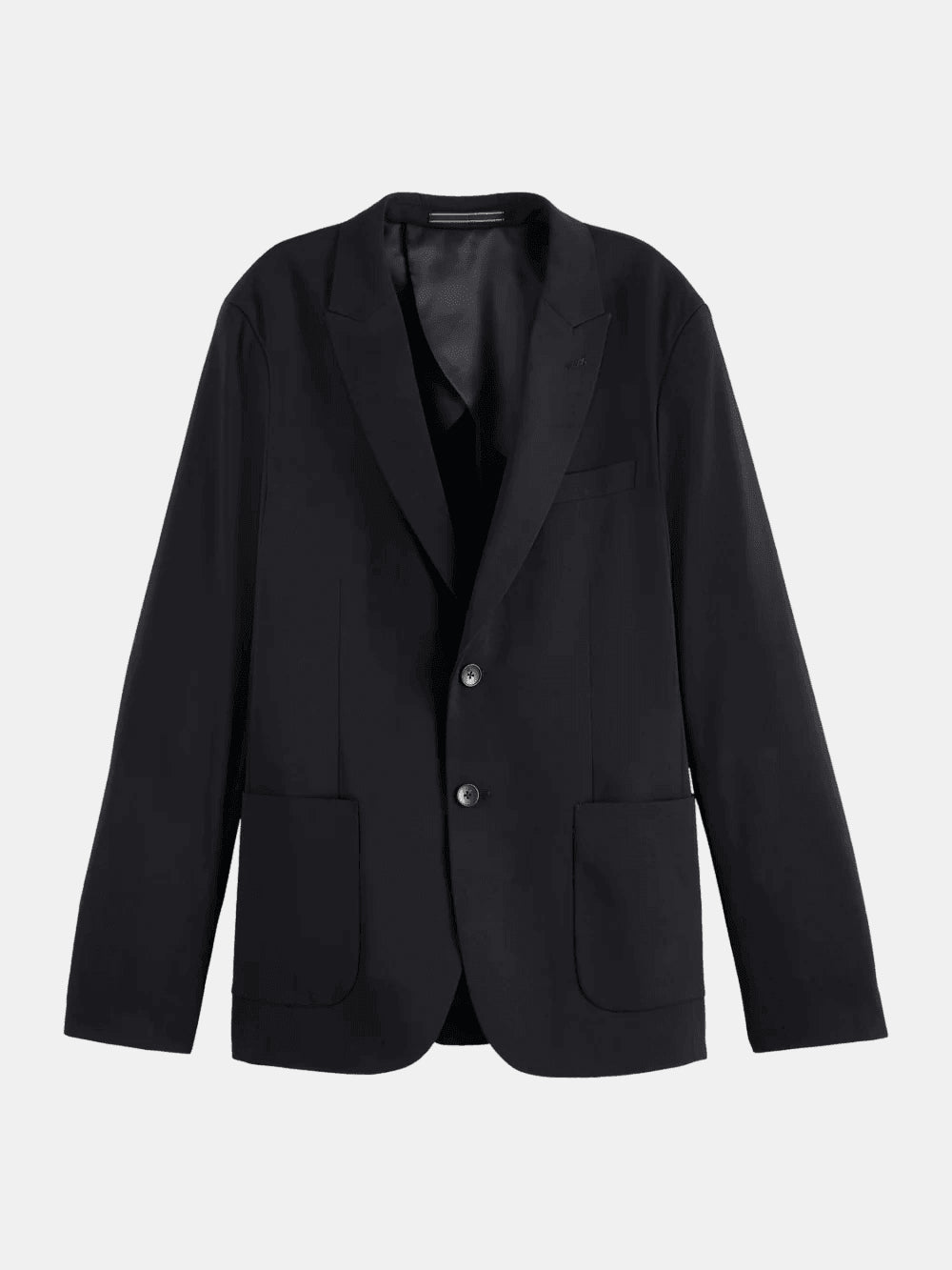 core-unconstructed-peak-lapel-cool-wool-blazer-black front view by Scotch & Soda