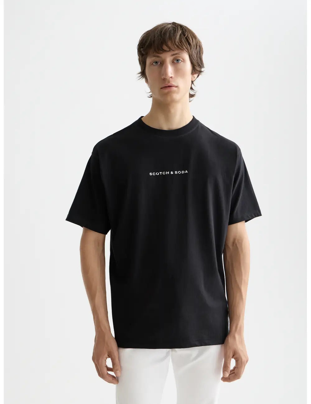 Logo Front T Shirt close-up on model showing fit and detail by Scotch & Soda