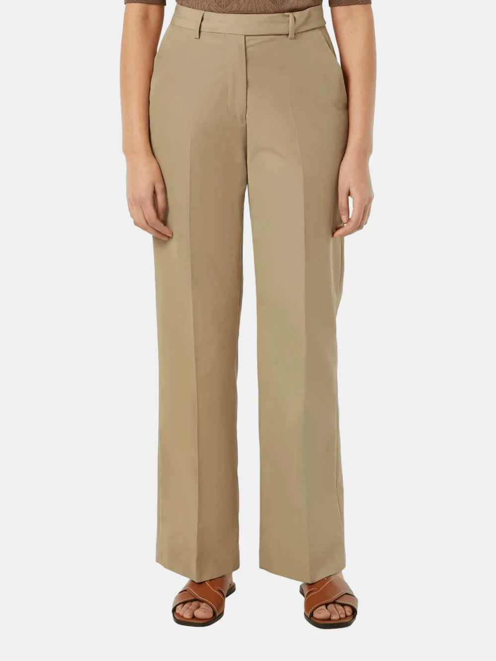 Edie Tailored Wide-Leg Fixed Belt Pant (Medium Beige) detail shot of fabric and craftsmanship by Scotch & Soda