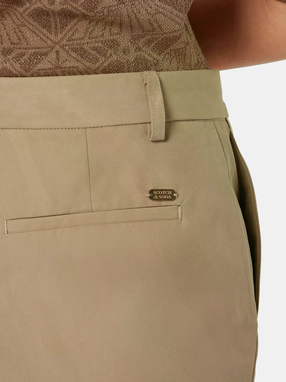Edie Tailored Wide-Leg Fixed Belt Pant (Medium Beige) detail shot of fabric and craftsmanship by Scotch & Soda