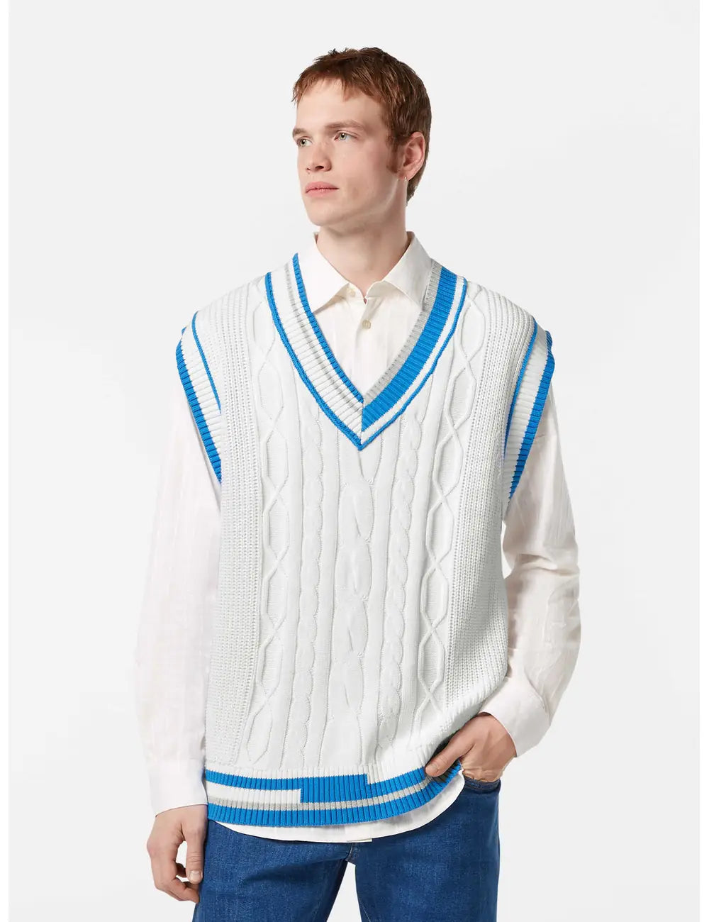 Cable V Neck Vest close-up on model showing fit and detail by Scotch & Soda