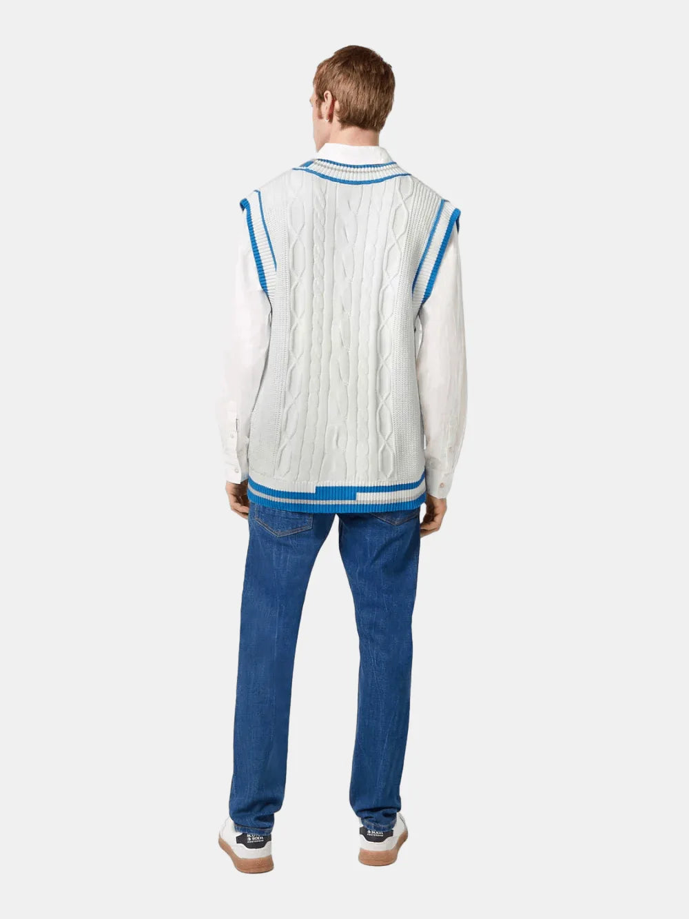 Cable V-Neck Vest (White/Pastel) back view showing fit and finish by Scotch & Soda