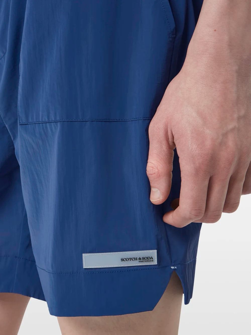 Fave - Technical Nylon Bermuda Short (Navy) detail shot of fabric and craftsmanship by Scotch & Soda