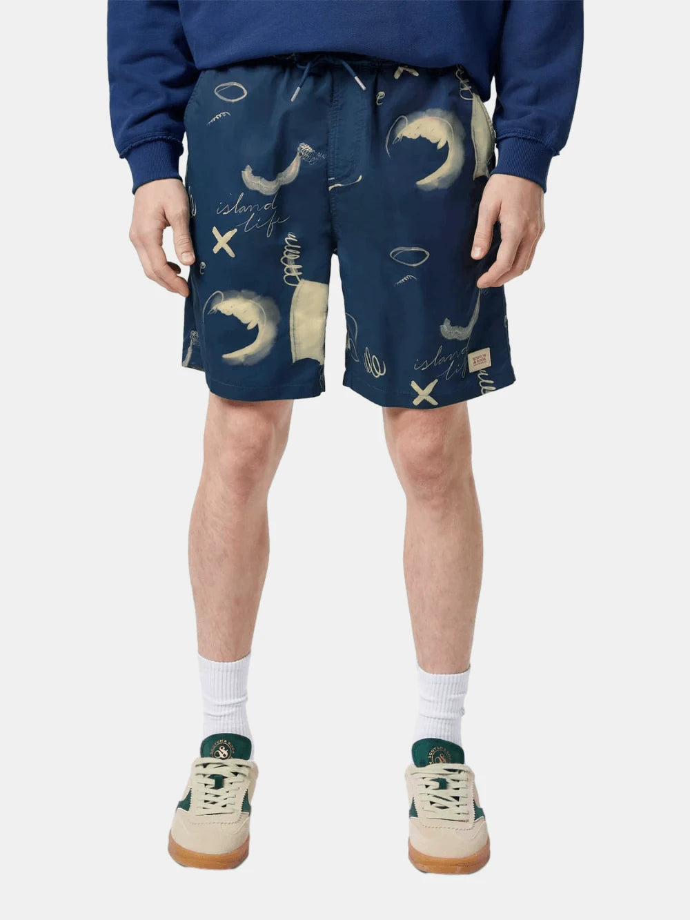 Printed Long-Length Swimshort (Navy) detail shot of fabric and craftsmanship by Scotch & Soda