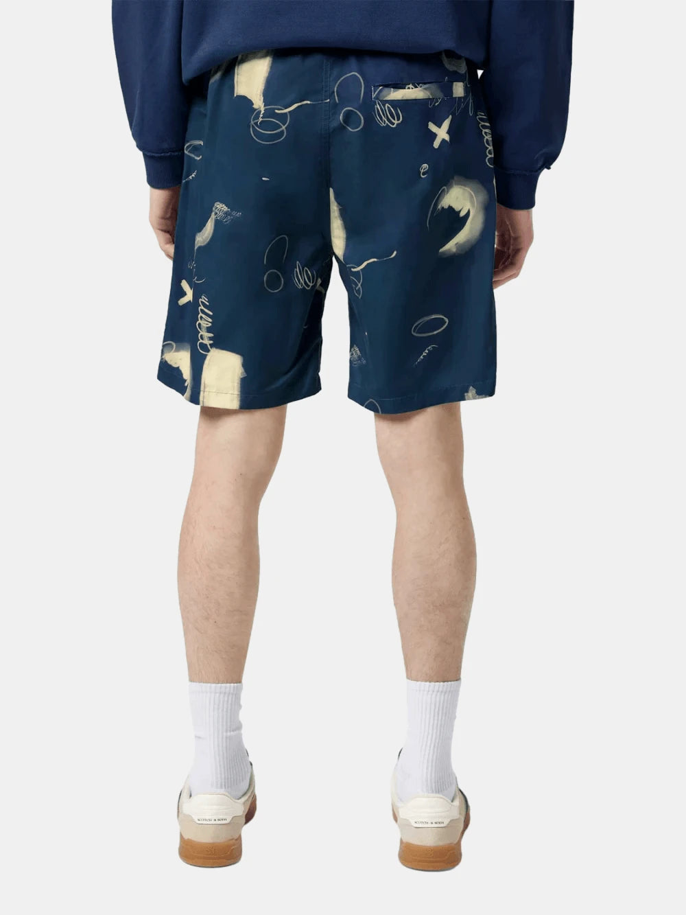 Printed Long-Length Swimshort (Navy) back view showing fit and finish by Scotch & Soda