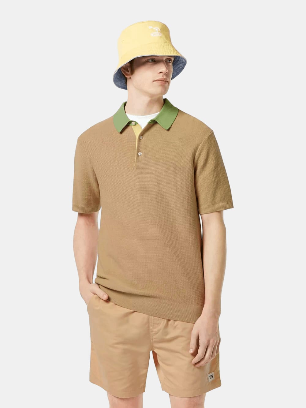 structured-knitted-polo-medium-beige detail shot by Scotch & Soda