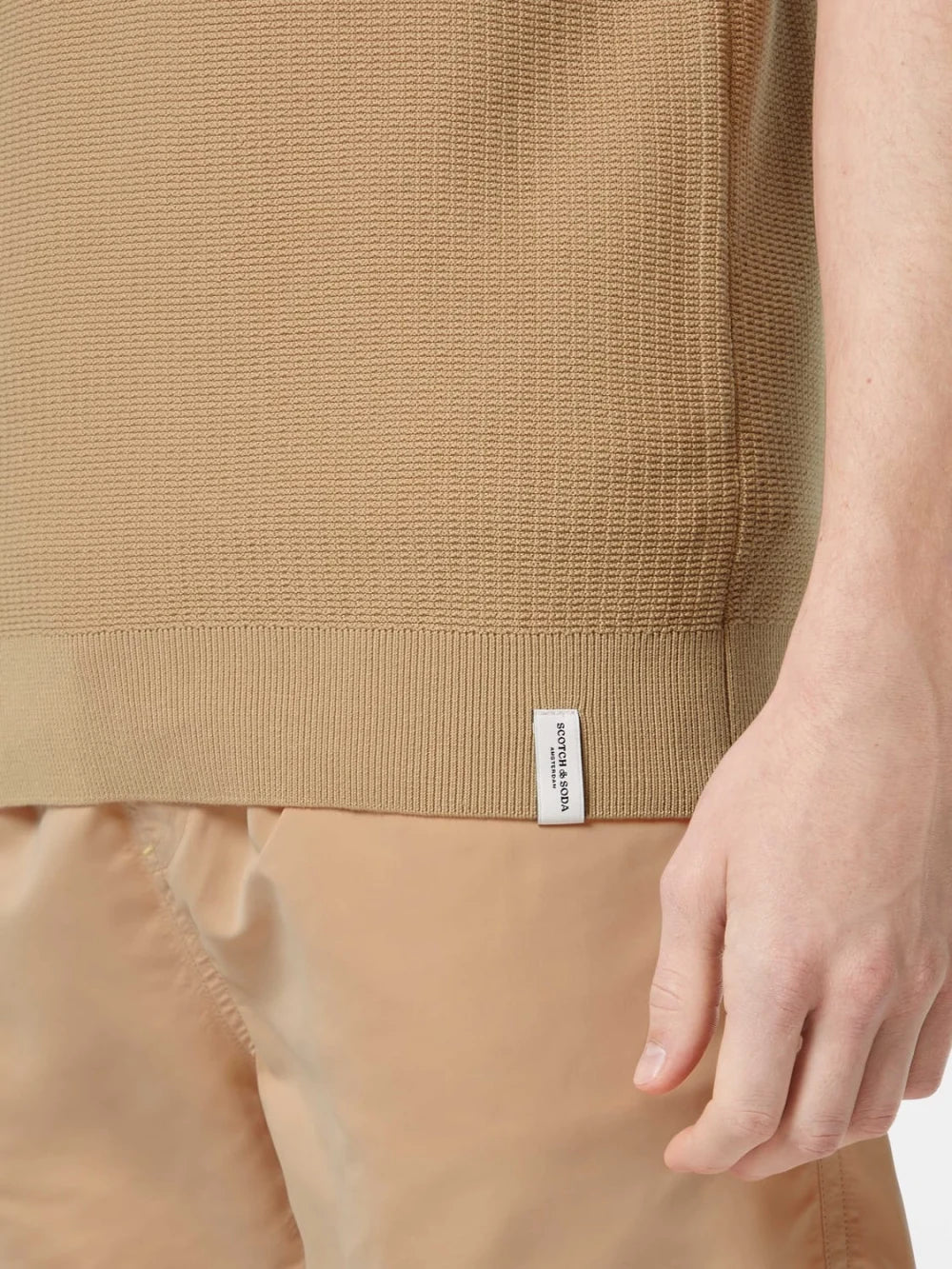 structured-knitted-polo-medium-beige detail shot by Scotch & Soda