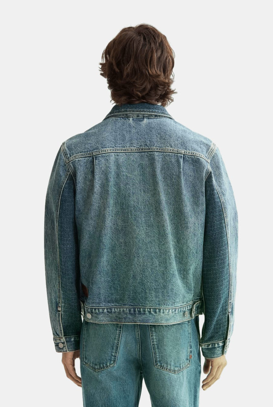 denim-trucker-jacket-with-contrast-panelling back view by Scotch & Soda