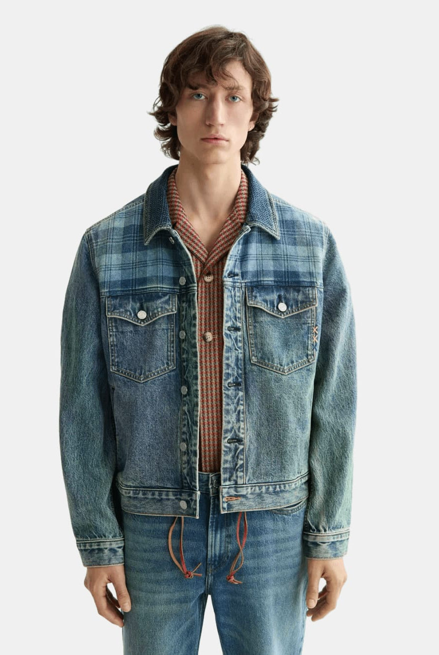 denim-trucker-jacket-with-contrast-panelling front view by Scotch & Soda