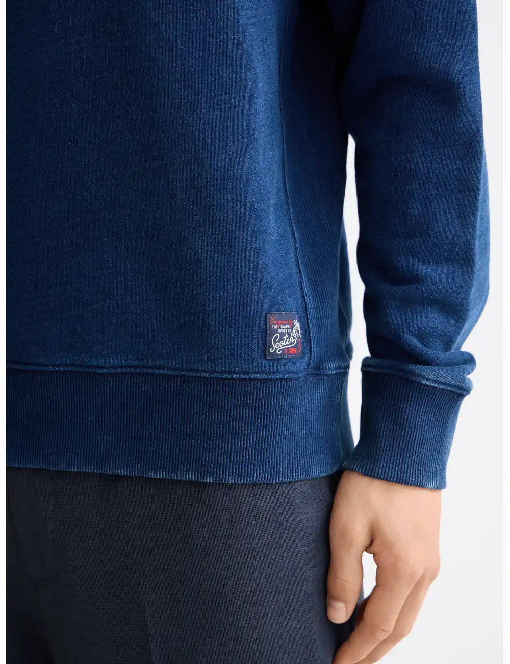 Indigo Crew Neck Sweat With Print Details detail shot of fabric and craftsmanship by Scotch & Soda