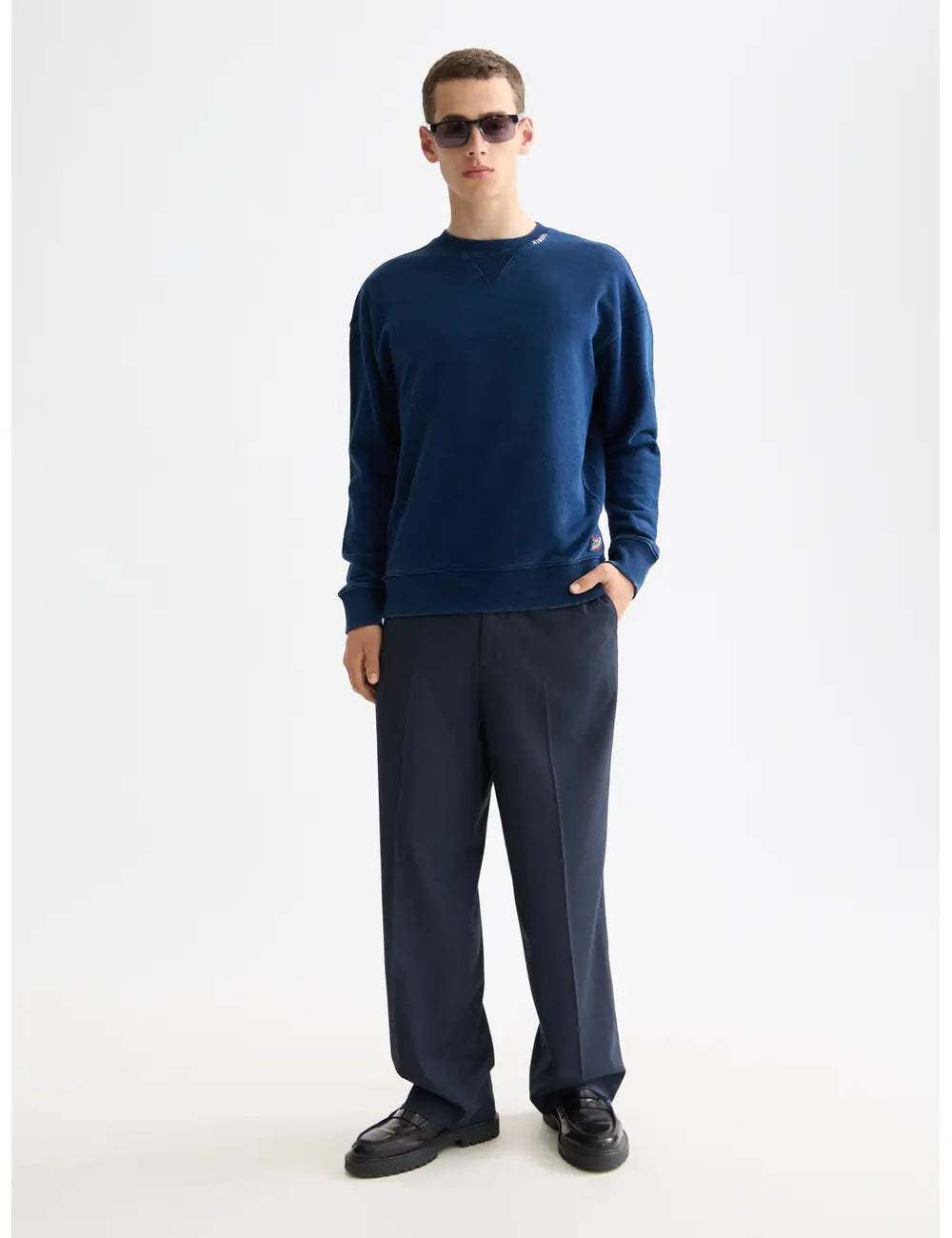 Indigo Crew Neck Sweat With Print Details front view showing fit and finish by Scotch & Soda