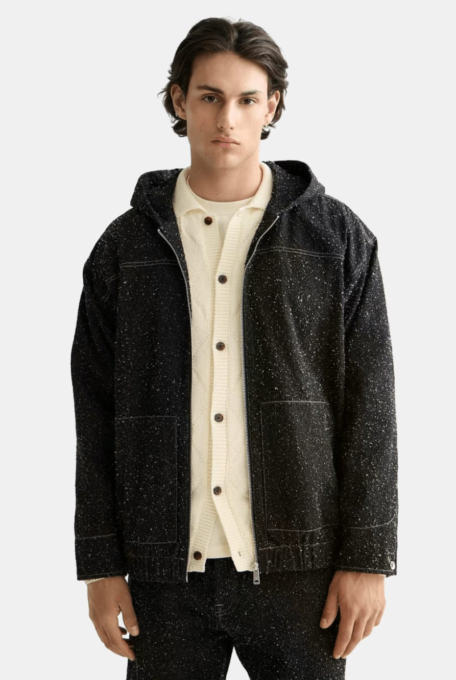 hooded-denim-jacket-black-snow front view by Scotch & Soda