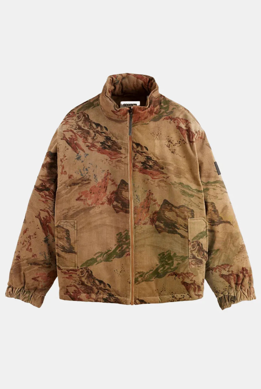 Mountain Print Corduroy Puffer front view showing fit and finish by Scotch & Soda