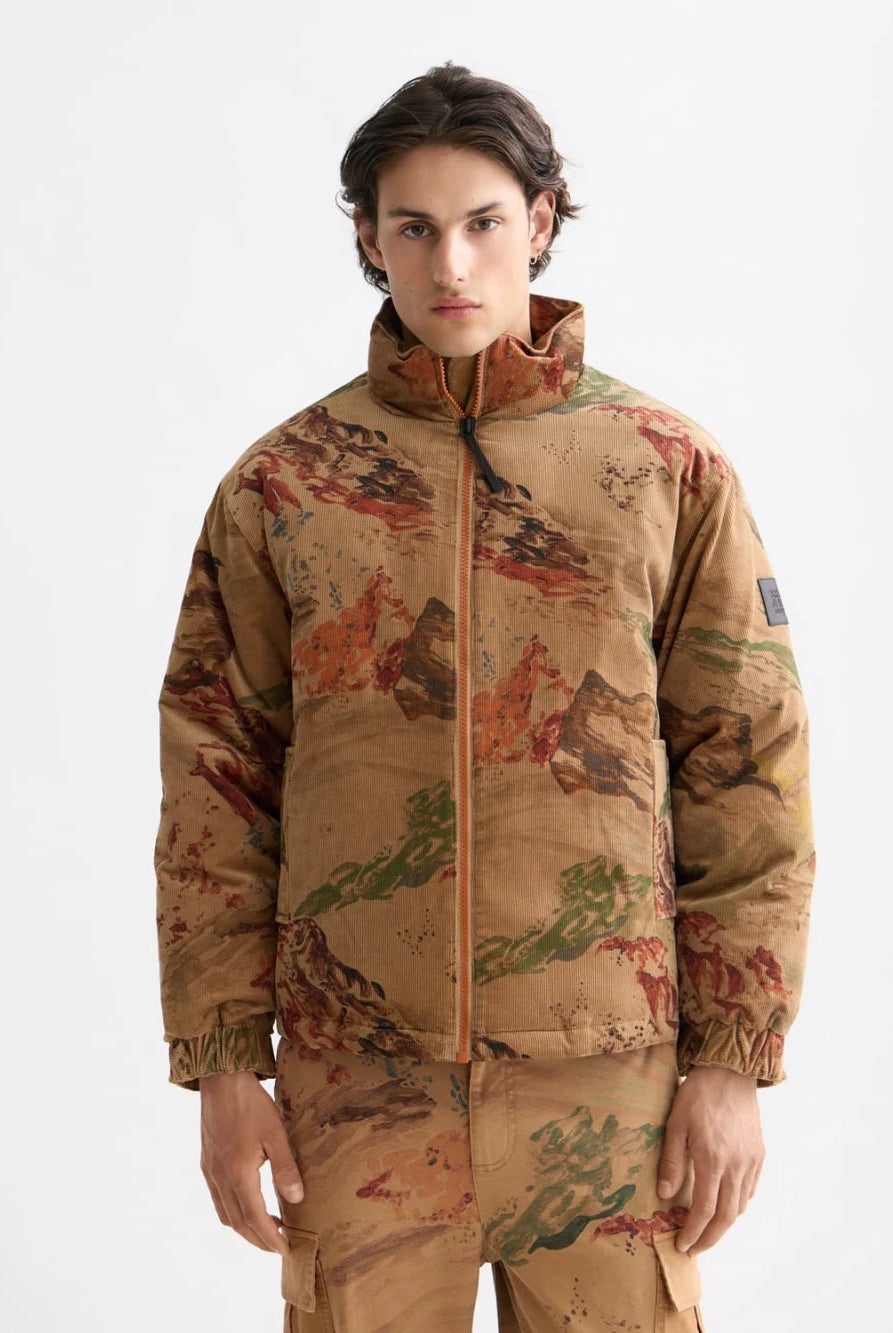 Mountain Print Corduroy Puffer detail shot of fabric and craftsmanship by Scotch & Soda