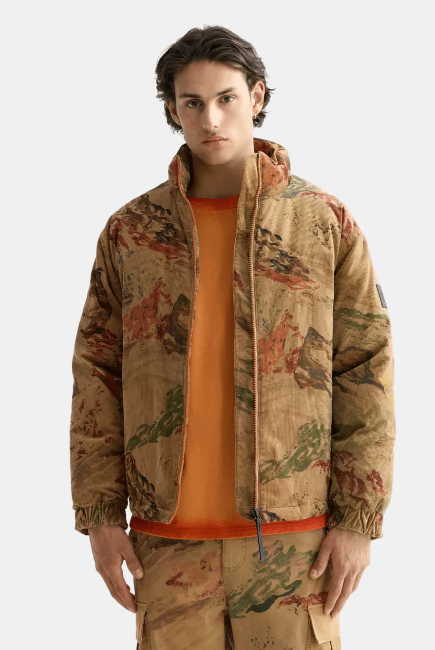Mountain Print Corduroy Puffer front view showing fit and finish by Scotch & Soda