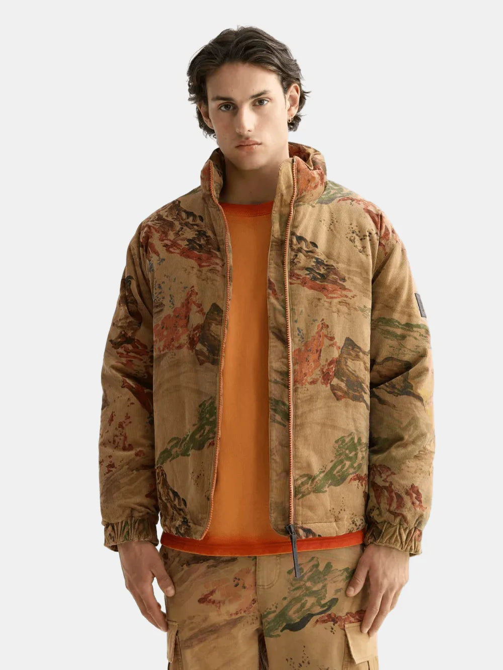 Mountain Print Corduroy Puffer front view showing fit and finish by Scotch & Soda