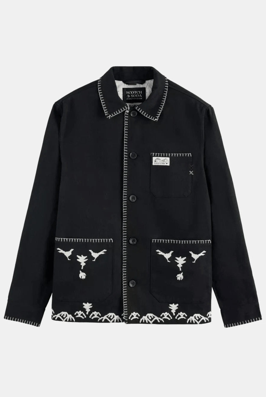 embroidered-cotton-blend-worker-jacket front view by Scotch & Soda