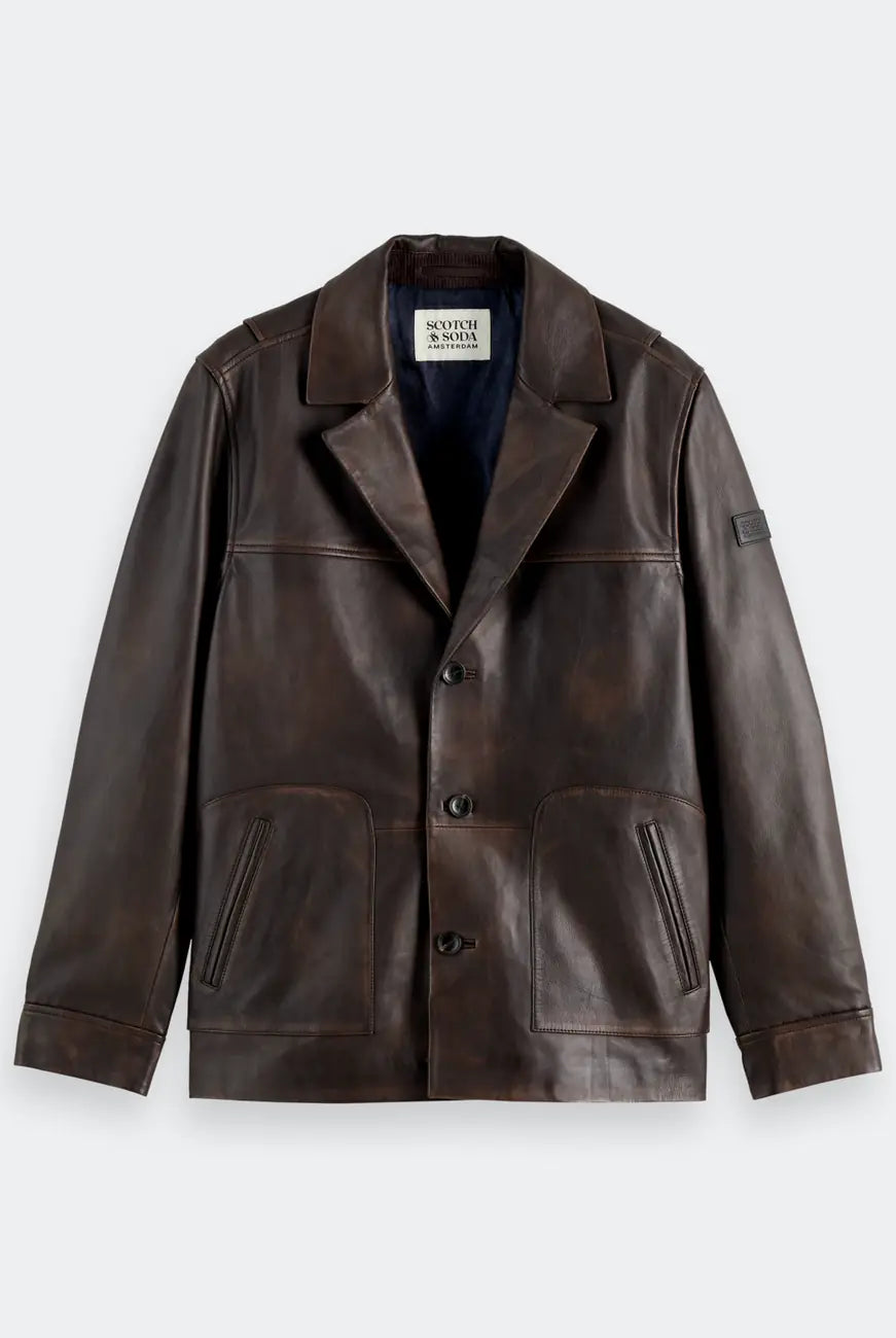 Vintage Leather Blazer Dark flat lay front view by Scotch & Soda