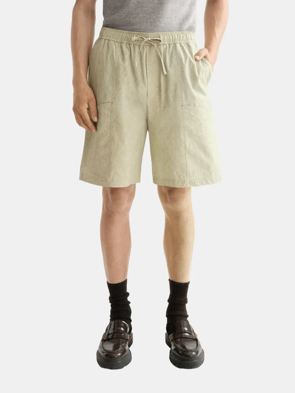 washed-nylon-blend-poplin-wide-fit-cargo-bermuda front view by Scotch & Soda
