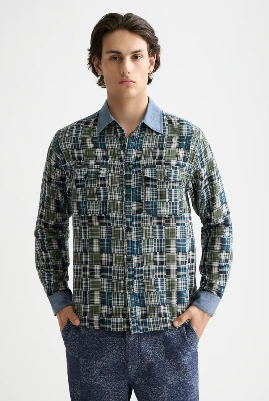 Patchwork Flannel Shirt close-up on model showing fit and detail by Scotch & Soda