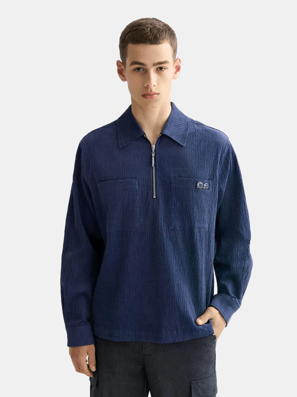 1/4 Zip Corduroy Shirt front view showing fit and finish by Scotch & Soda
