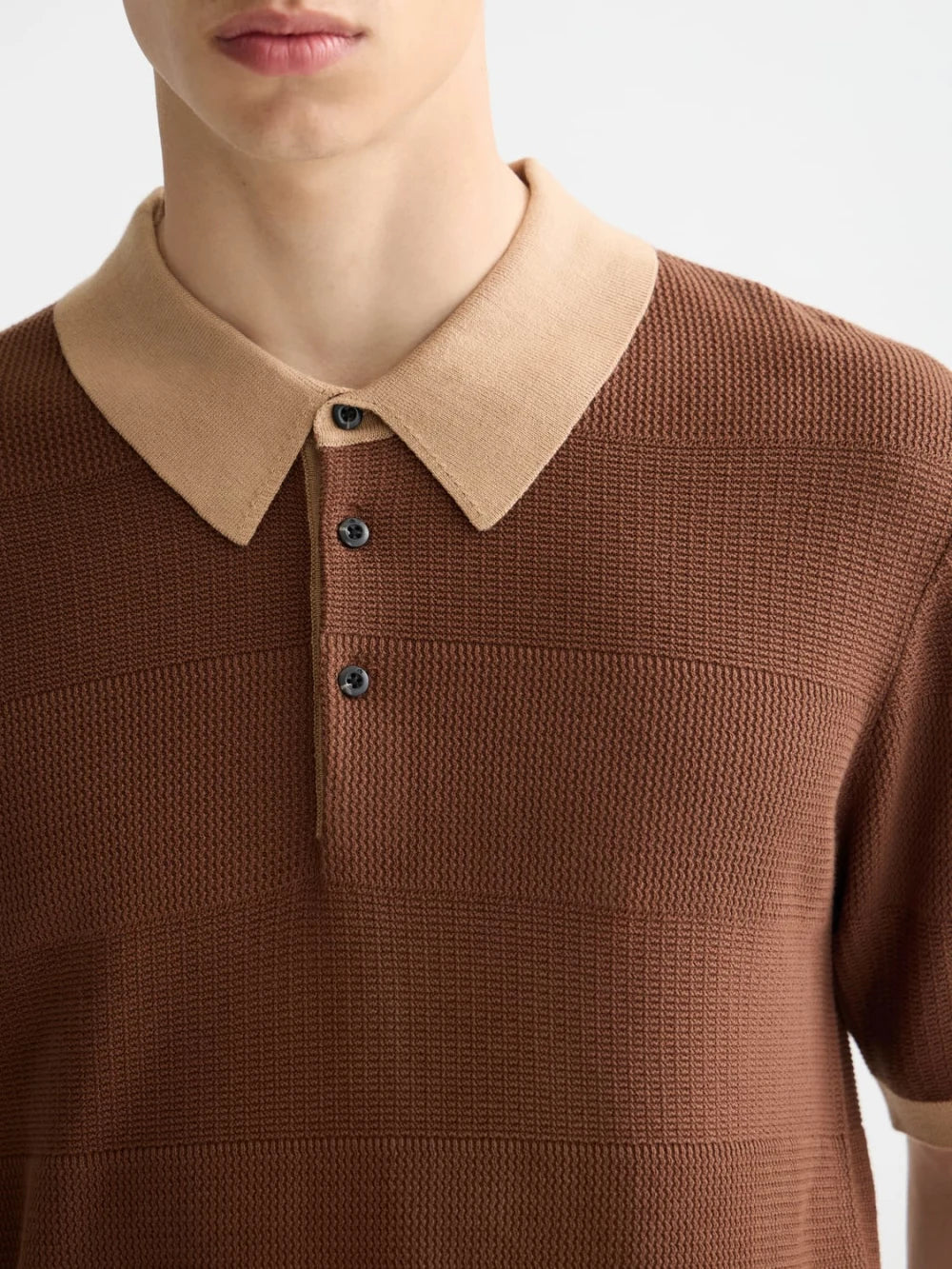 Knitted Tone On Tone Striped Regular Fit Polo detail shot of fabric and craftsmanship by Scotch & Soda