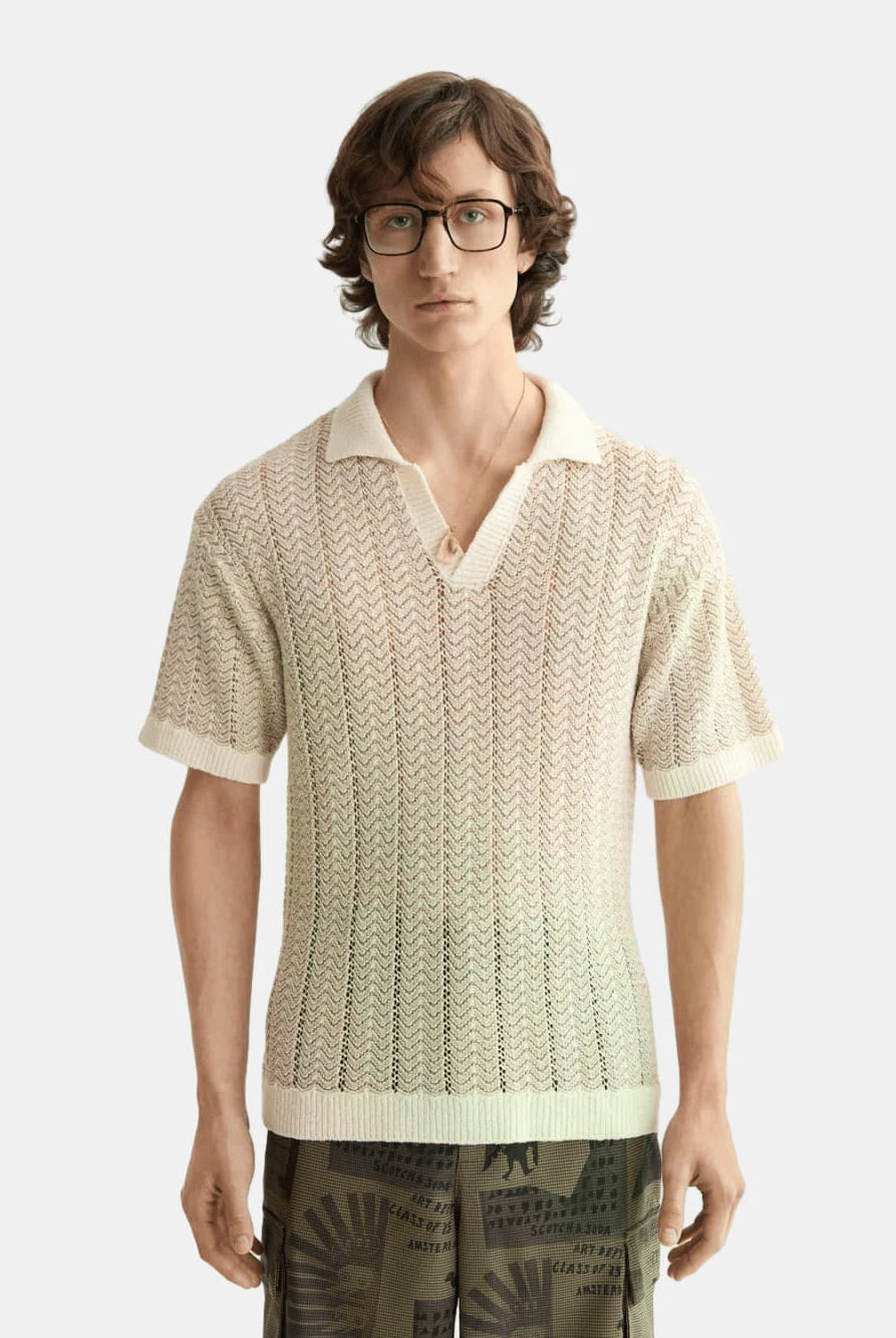 open-structured-knitted-v-neck-polo front view by Scotch & Soda