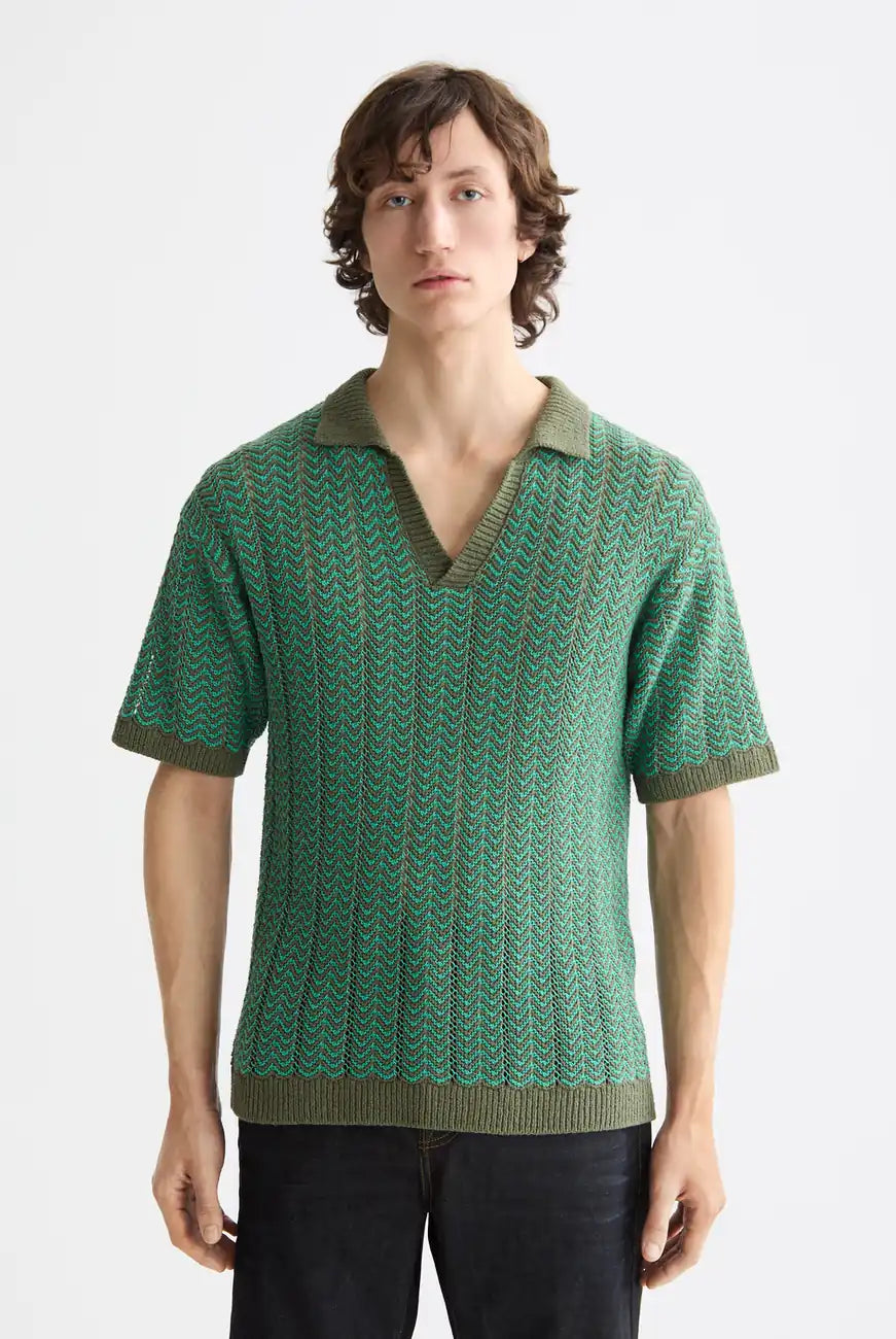 Knitted V Neck Polo close-up on model showing fit and detail by Scotch & Soda