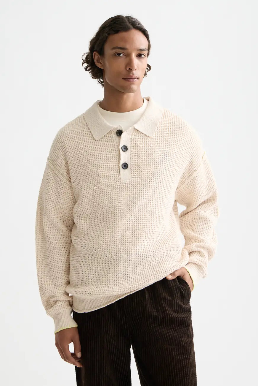 Waffle Stitch Dropped Shoulder close-up on model showing fit and detail by Scotch & Soda