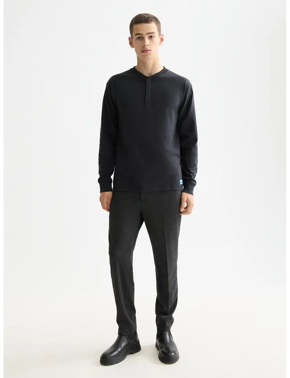 Slub Henley T-shirt LS front view showing fit and finish by Scotch & Soda