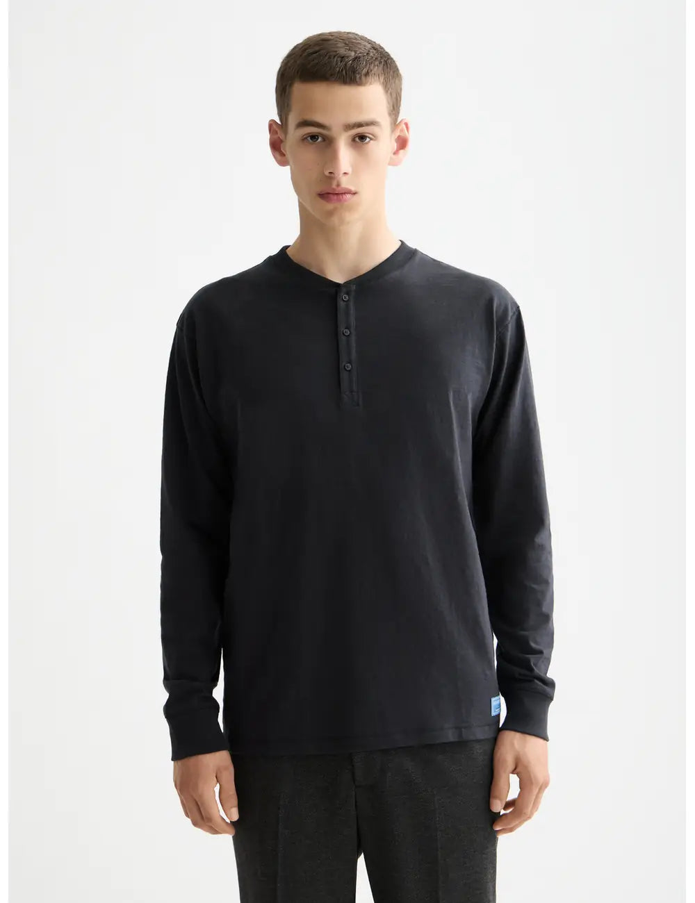 Dark Grey Slub Henley T-shirt LS front view by Scotch & Soda