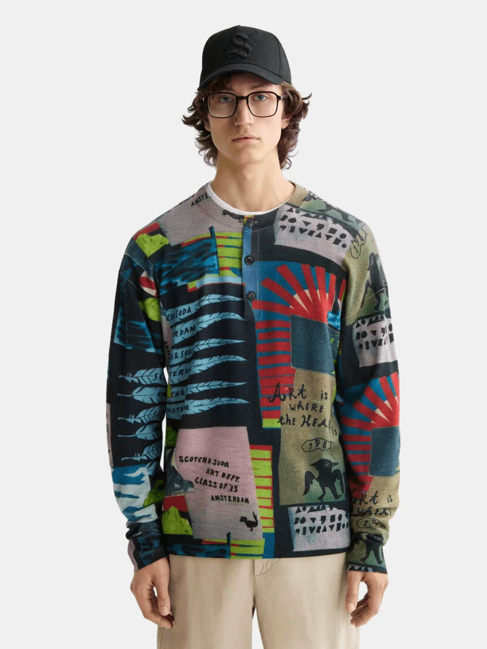 Relaxed-fir Printed Henley Front Close-Up - Scotch & Soda