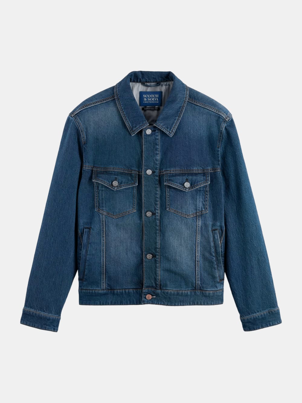 denim-trucker-jacket-let-it-rain-750-years-celebration front view by Scotch & Soda