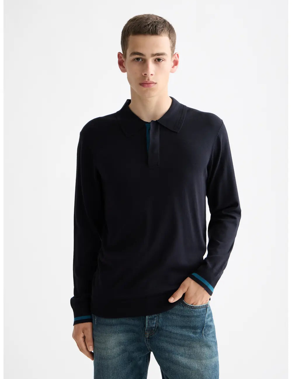 Knitted Long Sleeve Polo close-up on model showing fit and detail by Scotch & Soda