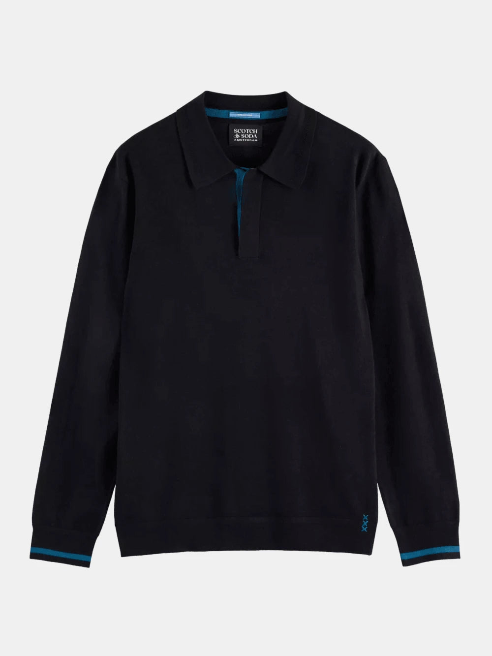 Ecovero Blend Knitted Long Sleeve Polo front view showing fit and finish by Scotch & Soda