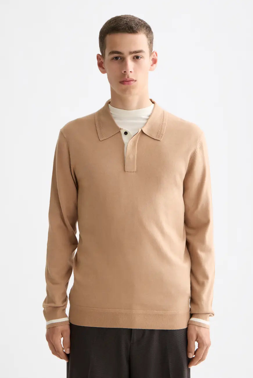 Knitted Long Sleeve Polo close-up on model showing fit and detail by Scotch & Soda