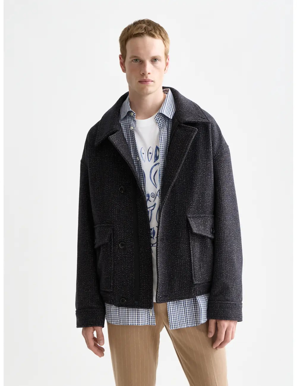 Black Textured Wool Jacket front view by Scotch & Soda