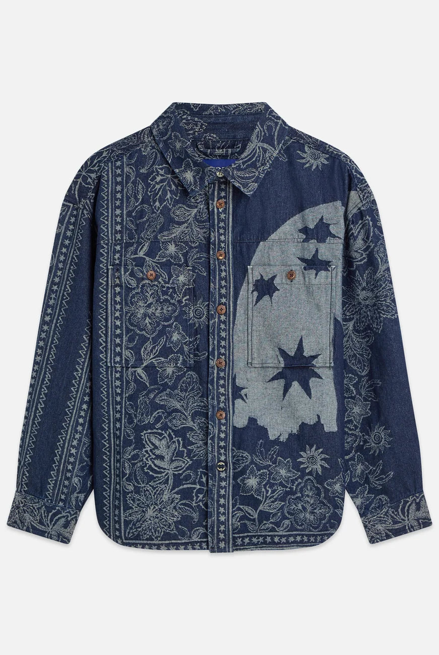 Denim Jacquard Overshirt flat lay showing product details by Scotch & Soda