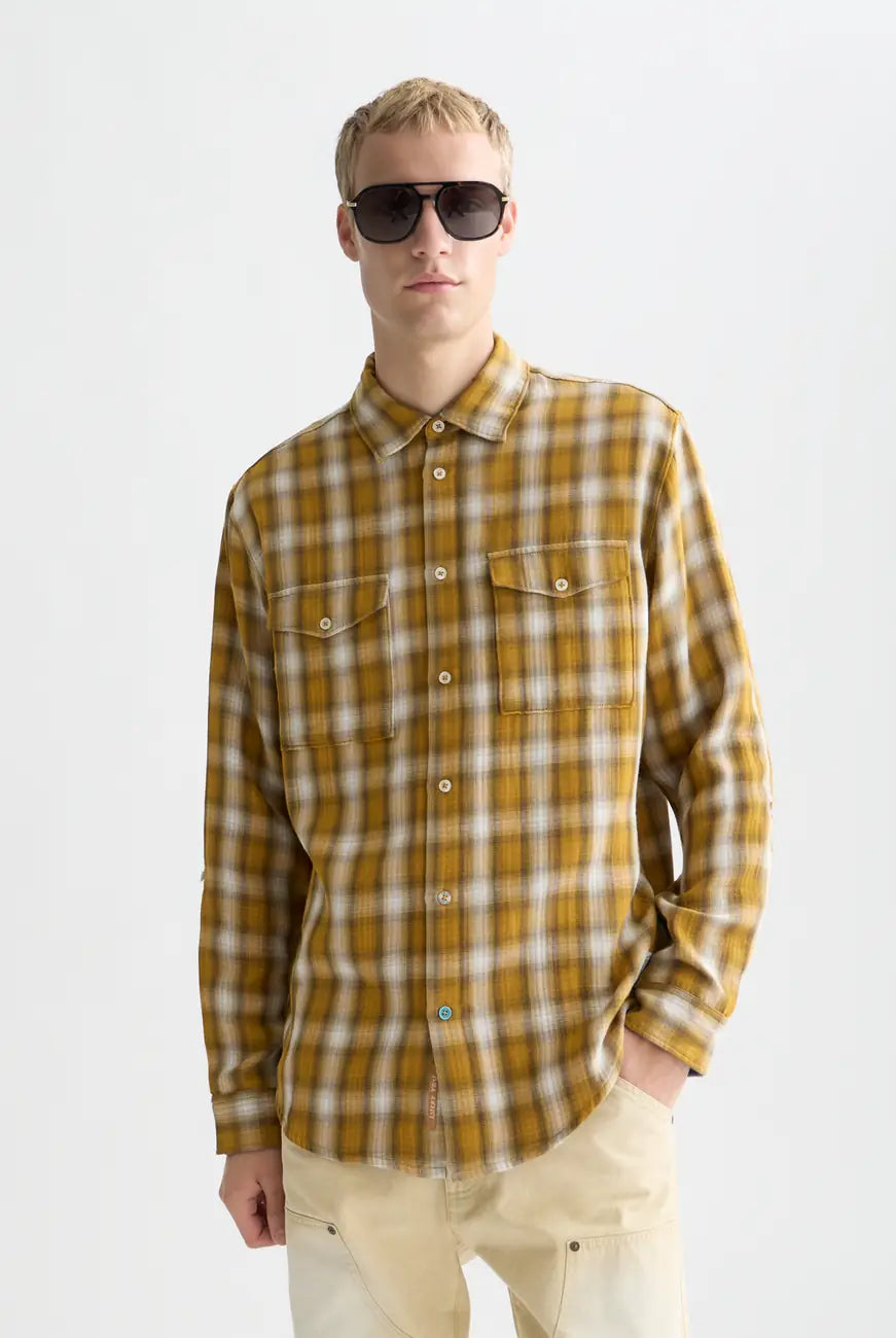 Med Yellow Double Cloth Check Relaxed Fit Shirt front view by Scotch & Soda