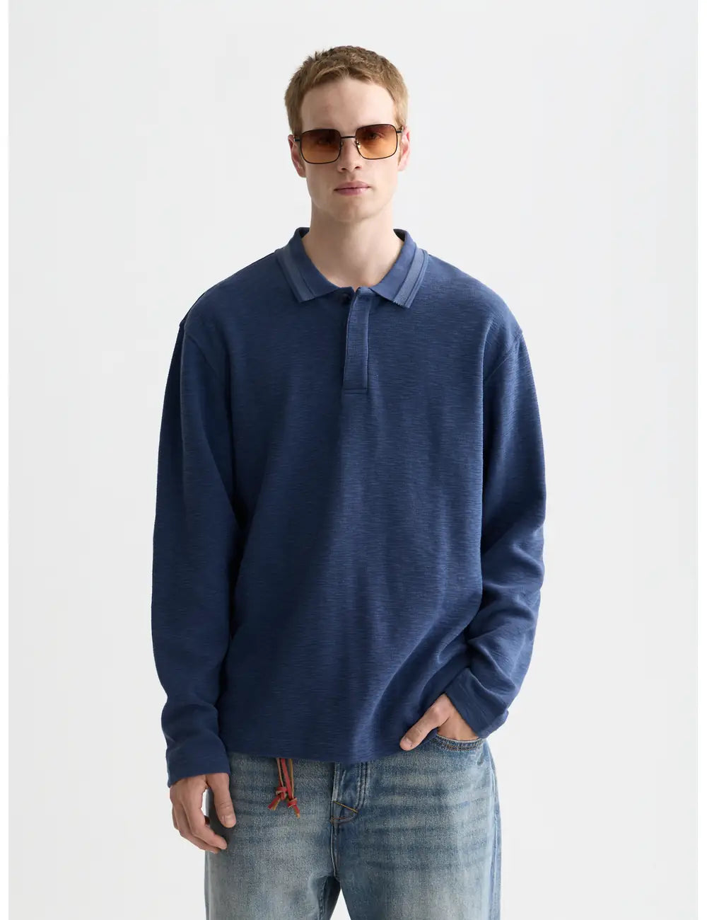 Navy Structured Relaxed-fit Long-sleeved Polo front view by Scotch & Soda