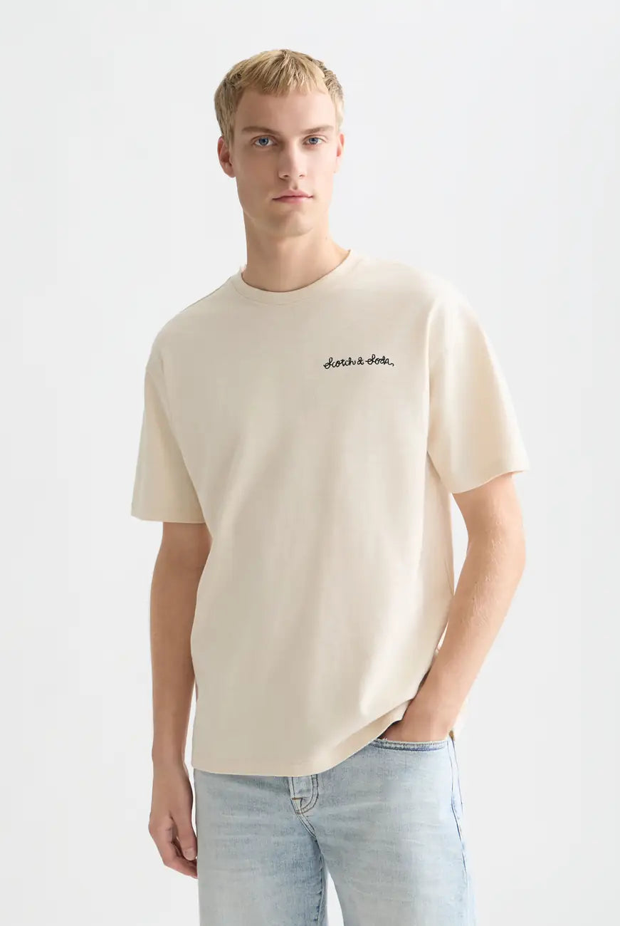 Light Beige Slubyarn Chest Pocket Artwork Relaxed Fit T-shirt front view by Scotch & Soda