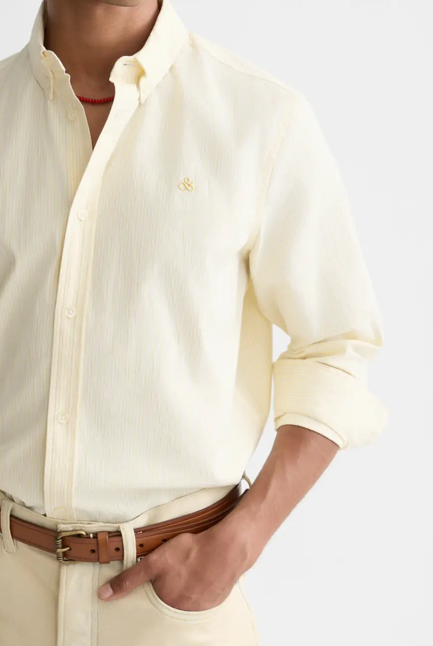 Seasonal Core Striped Oxford Regular-fit Shirt detail shot of fabric and craftsmanship by Scotch & Soda