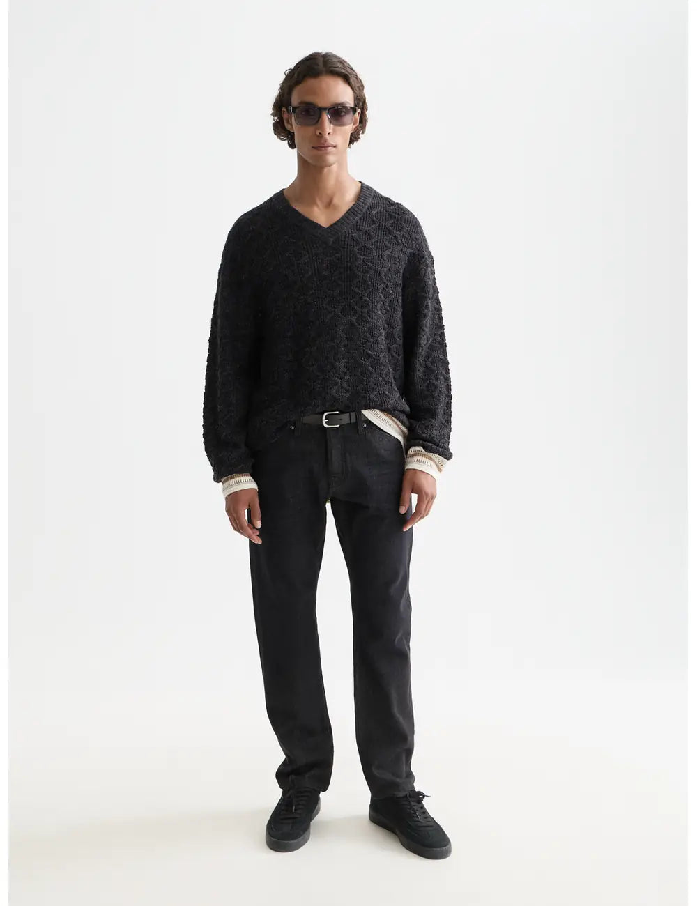 V-neck Cable Loose-fit Pullover front view showing fit and finish by Scotch & Soda