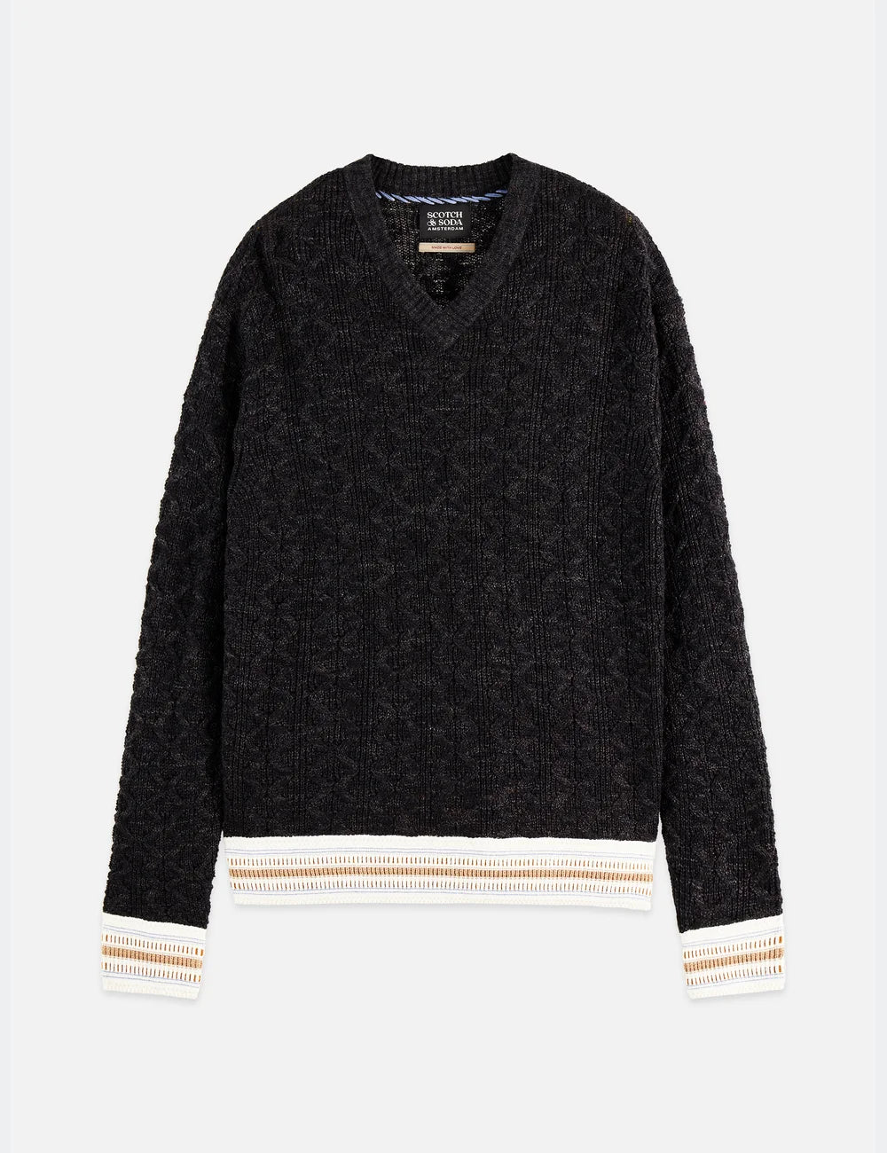 V-neck Cable Loose-fit Pullover flat lay showing product details by Scotch & Soda
