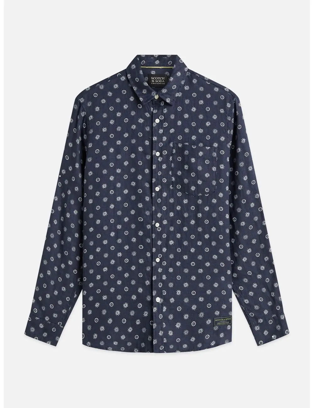 Navy blue shirt with white pattern on a light gray background by Scotch & Soda