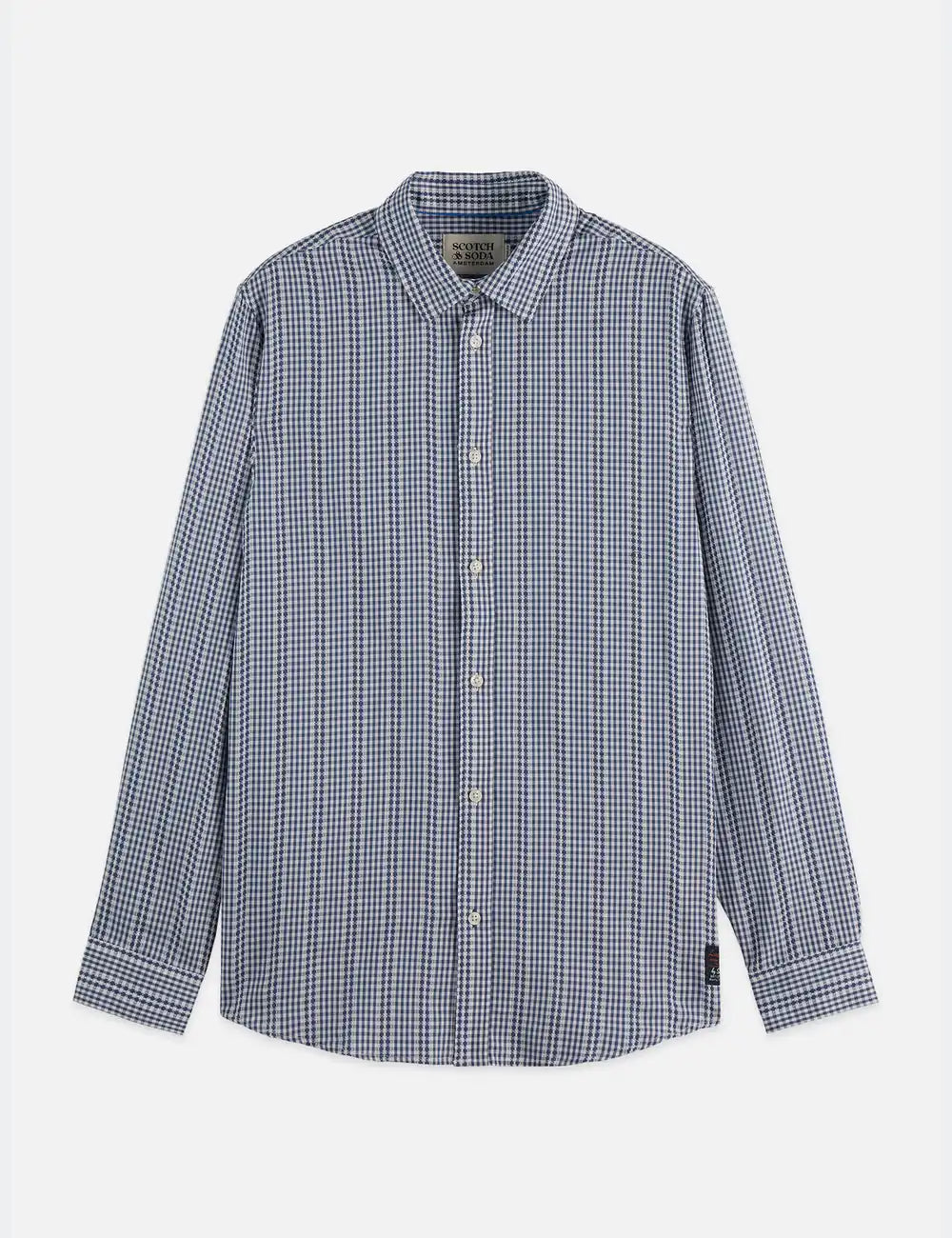 Microcheck Cotton Poplin Shirt front view showing fit and finish by Scotch & Soda