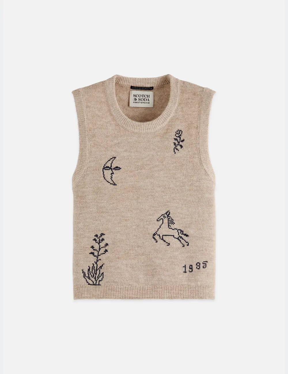 Embroidered Crew Neck Knitted Tank flat lay showing product details by Scotch & Soda