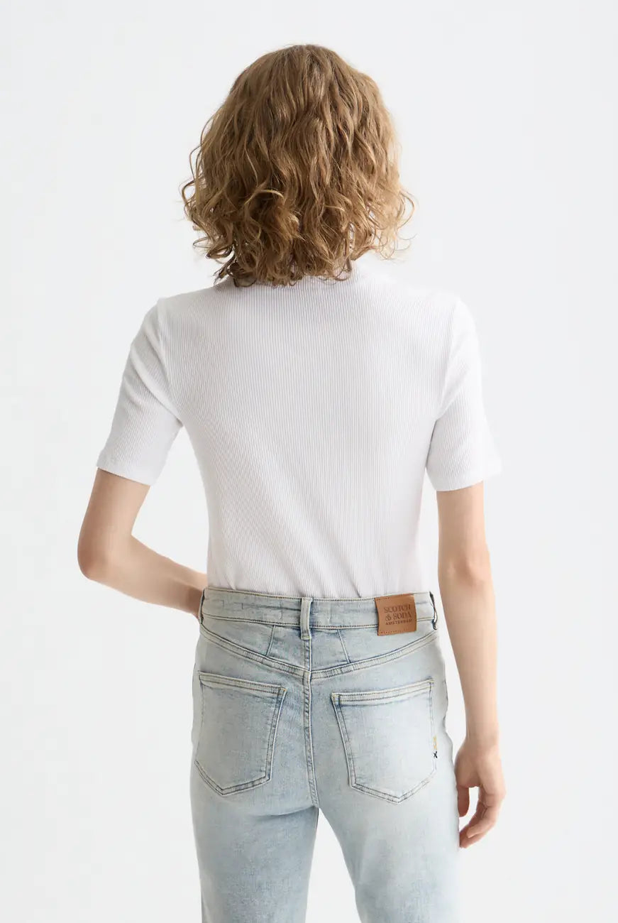 Core Mock Neck Tee detail shot showing fabric and craftsmanship by Scotch & Soda