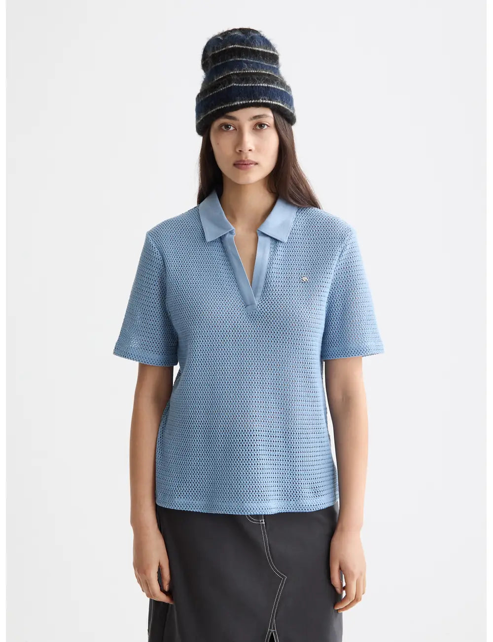 Crochet Polo Shirt close-up on model showing fit and detail by Scotch & Soda